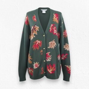 Vintage 90s Green Leaf Print Button Front Cardigan Sweater USA Made Size Medium